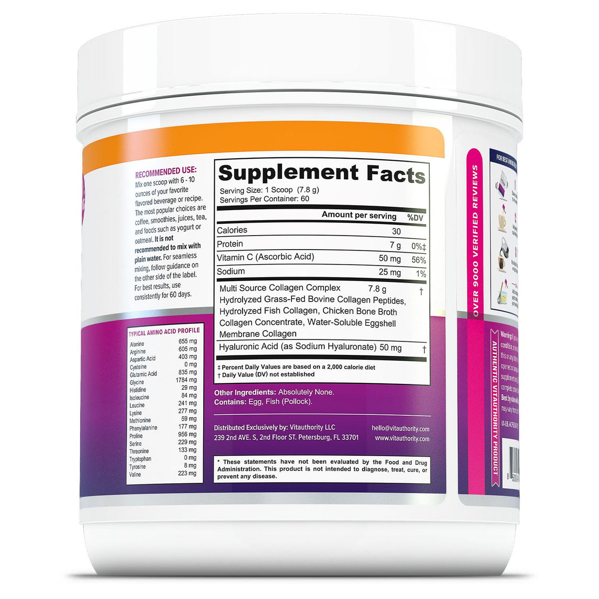 Unflavored Hydrolyzed Multi Collagen Peptides Powder 60 Servings W252