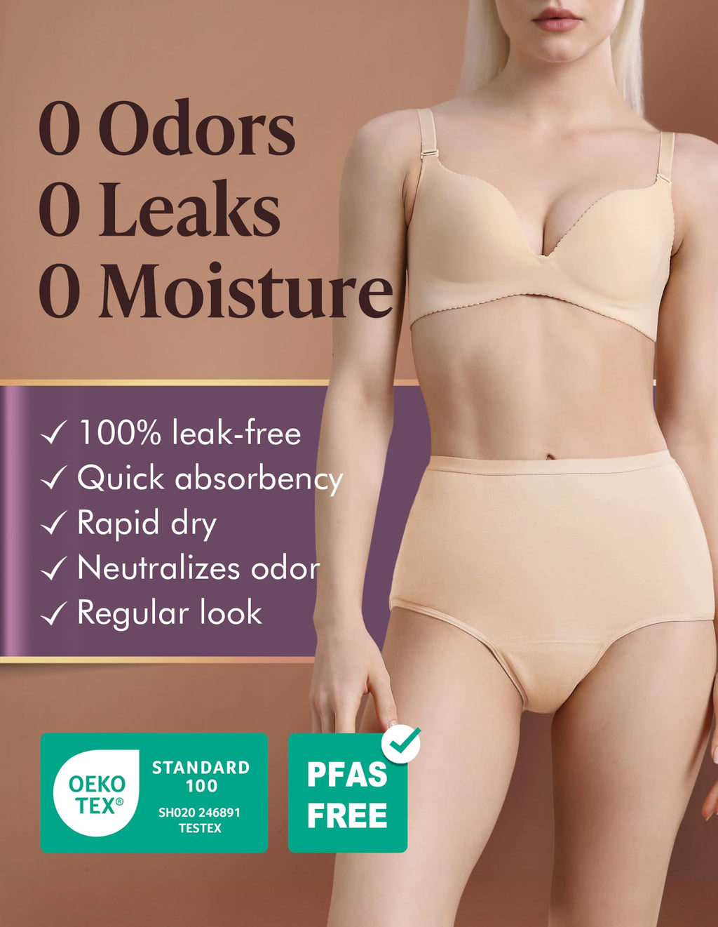 Washable Absorbency Urinary Incontinence Underwear for Women High Waist Leak Proof Panties 60ML, 3 Pack Beige White V355