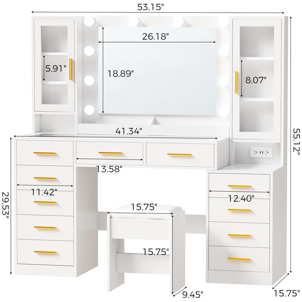 White Glass Top Vanity Desk with Mirror and Lights E537