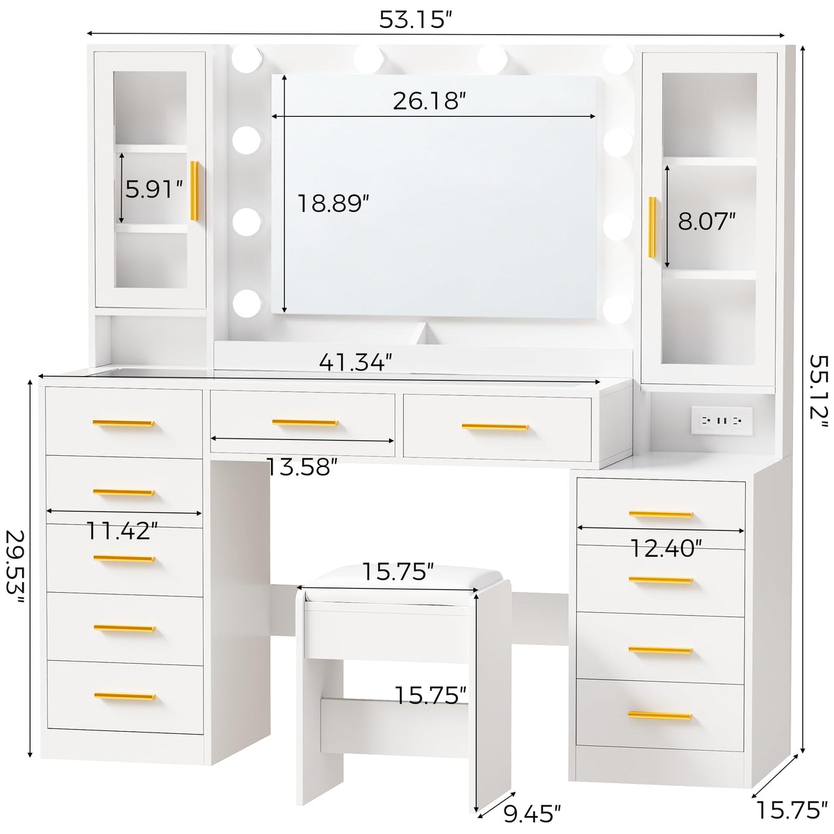 White Glass Top Vanity Desk with Mirror and Lights E537