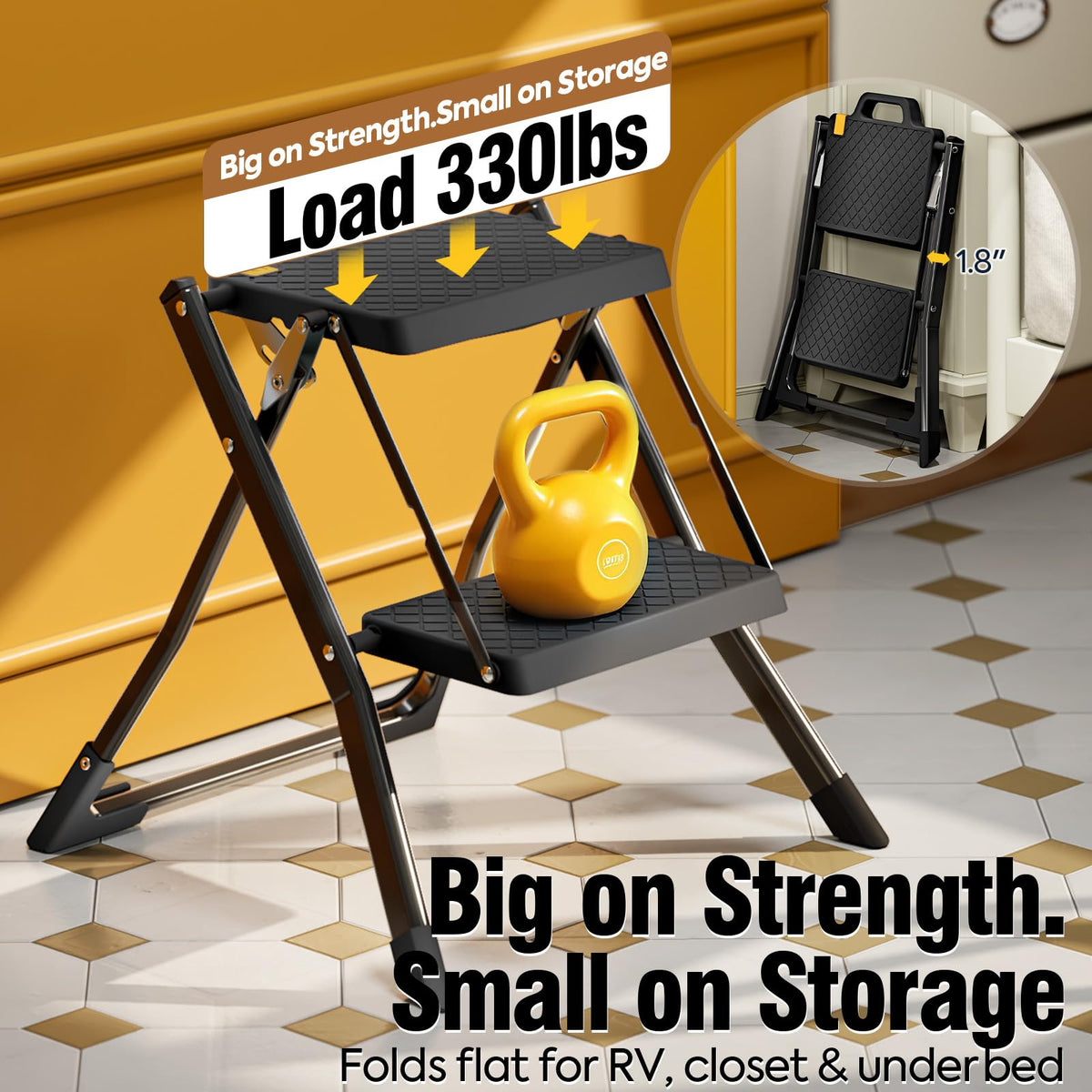 2 Step Folding Stool Ladder 330lb Cap Black H2675
