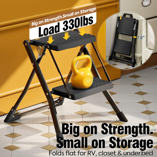 2 Step Folding Stool Ladder 330lb Cap Black H2675