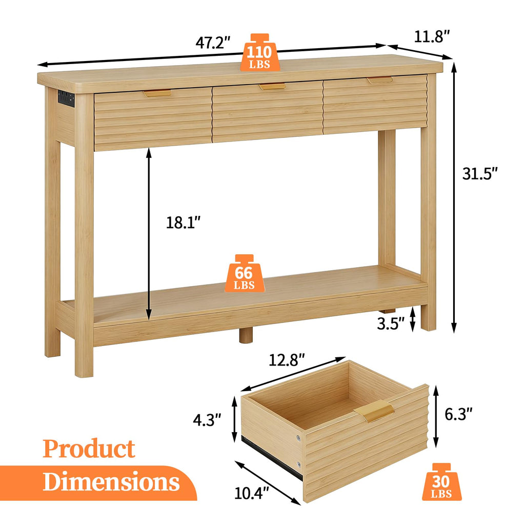 47.2" Narrow Console Table with 3 Drawers & Charging Station, Oak I890044