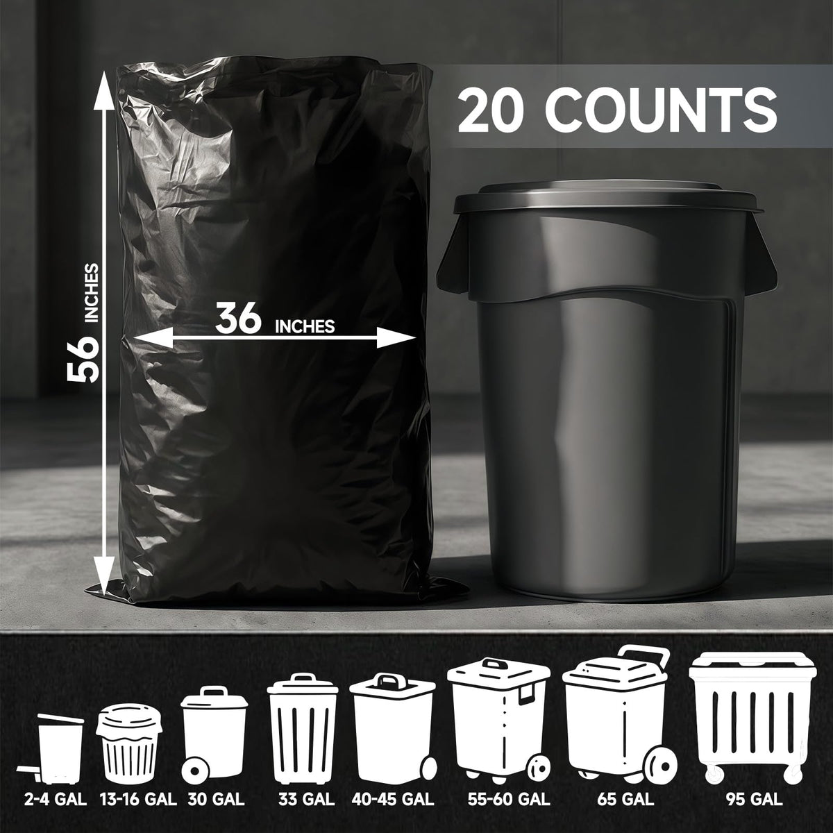 55 Gallon 2 Mil Black Heavy Duty Trash Bags, 20 Count U2331