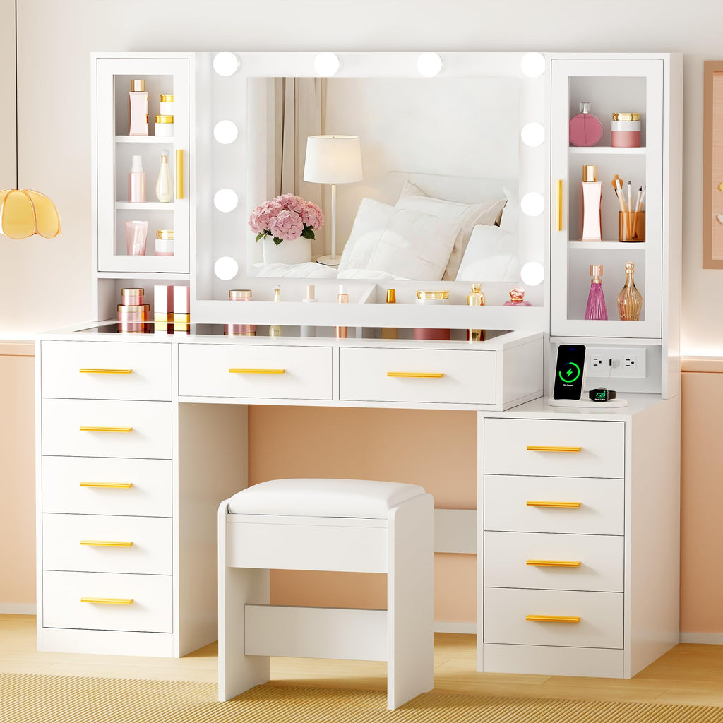 White Glass Top Vanity Desk with Mirror and Lights E537