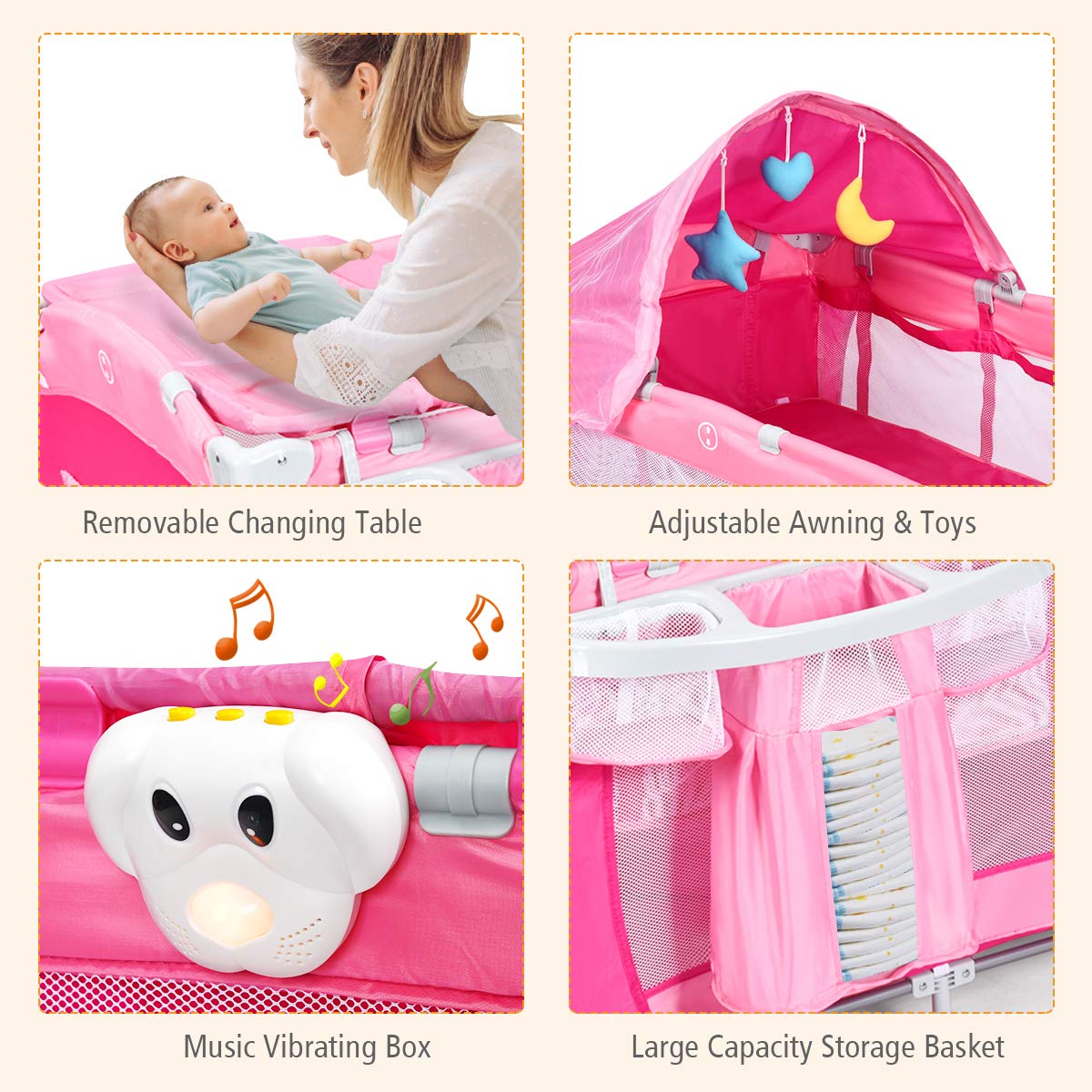 4 in 1 Pink Pack and Play with Bassinet M1842