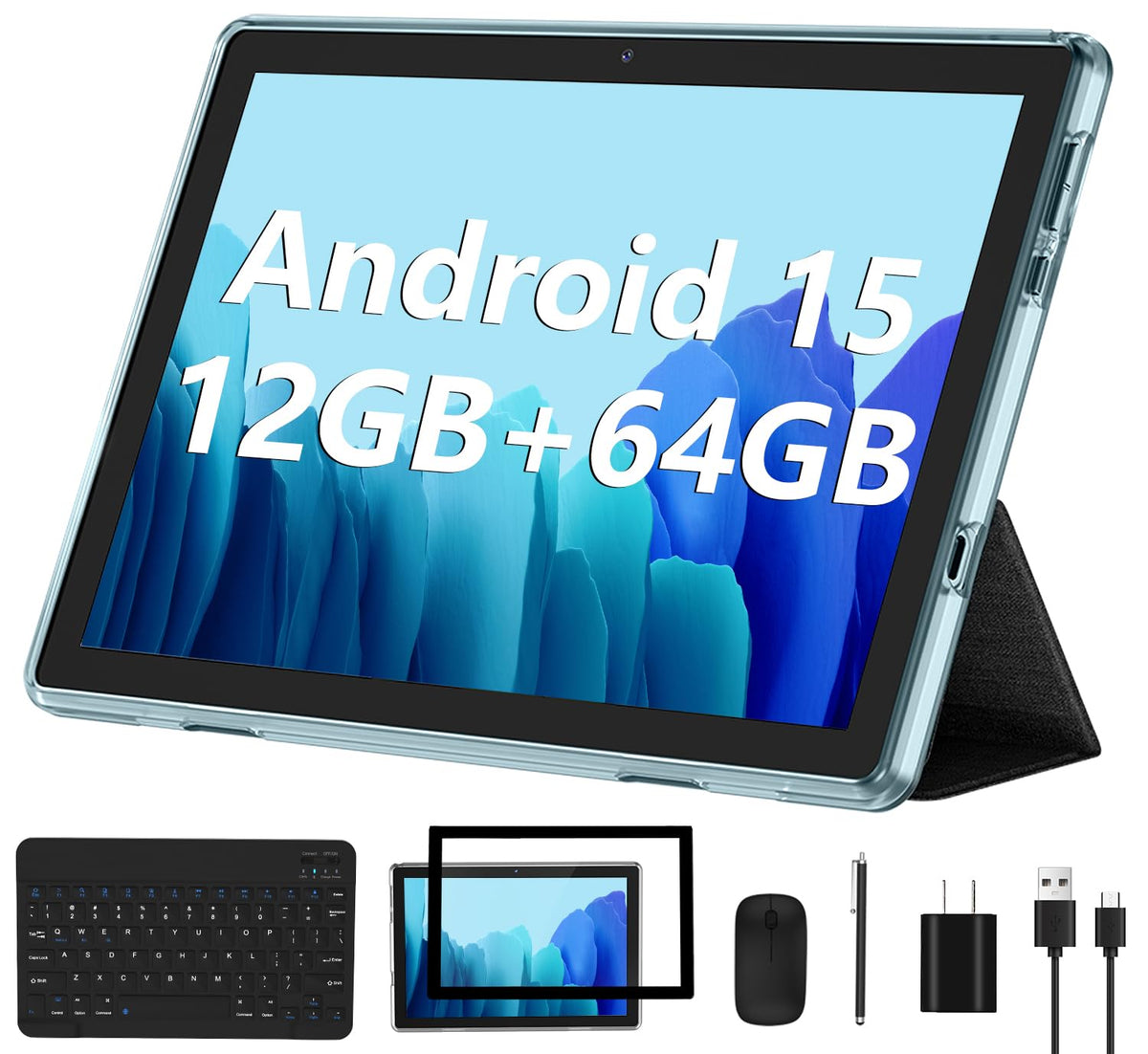 Android 15 Tablet 10 Inch 12GB RAM 64GB ROM 2 in 1 Blue Set Y669
