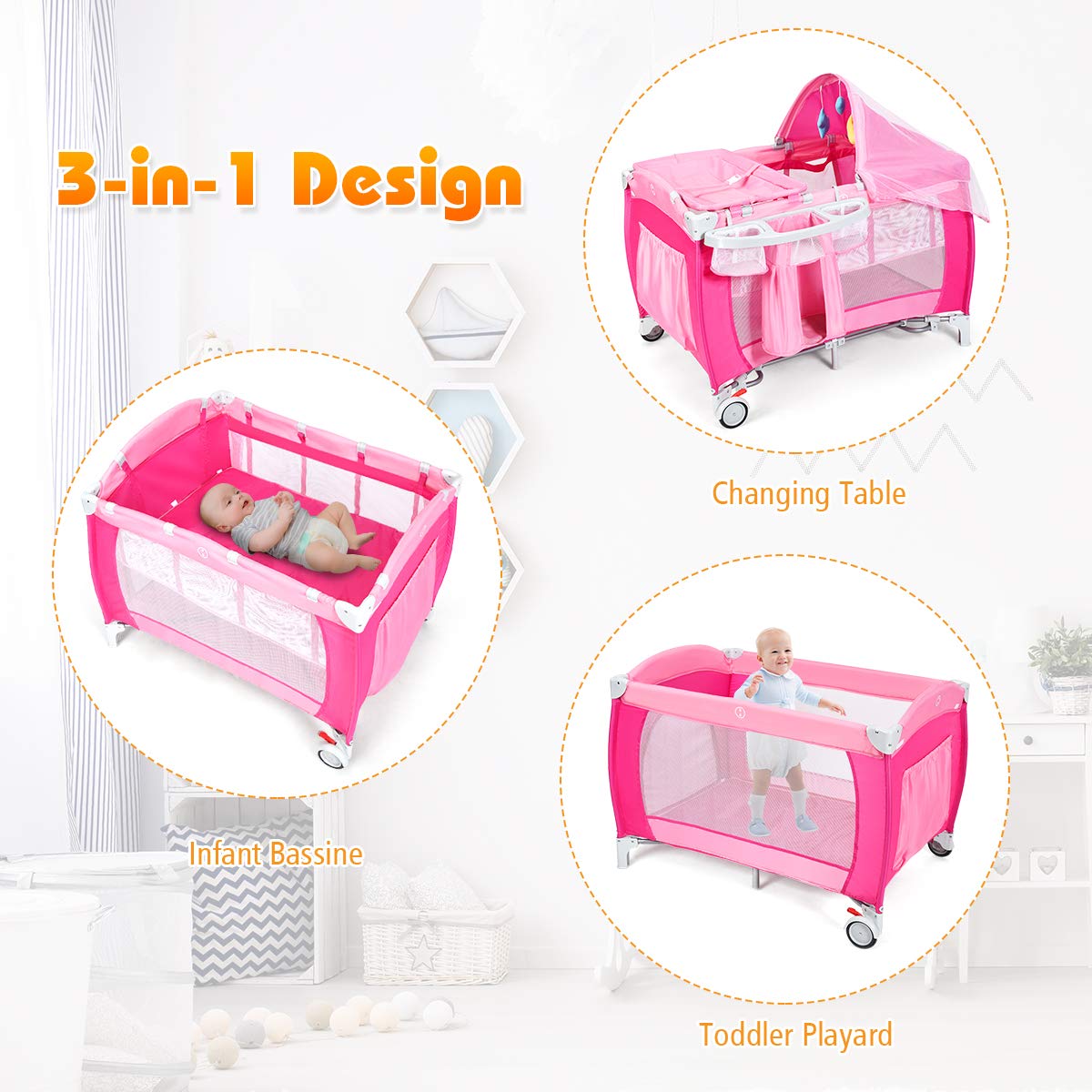 4 in 1 Pink Pack and Play with Bassinet M1842