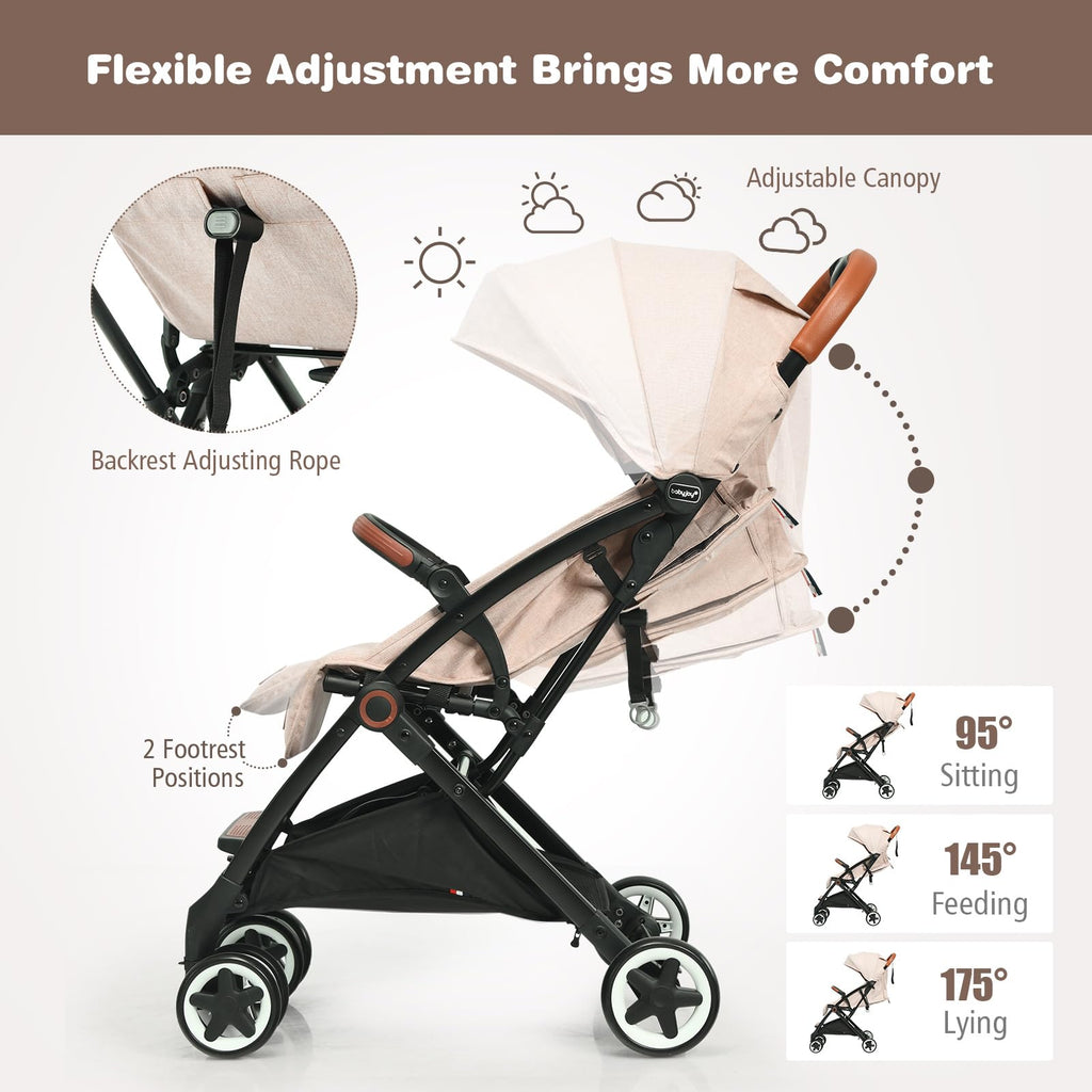 Lightweight Compact Baby Stroller with 5-Point Harness and Storage Basket, Beige R449