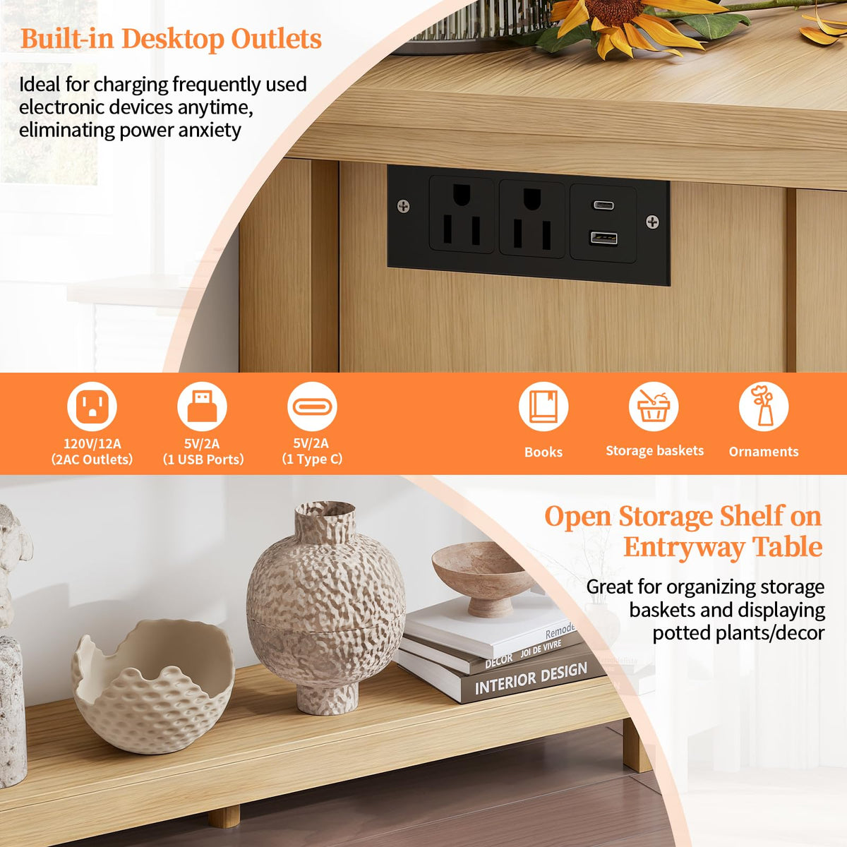 47.2" Narrow Console Table with 3 Drawers & Charging Station, Oak I890044