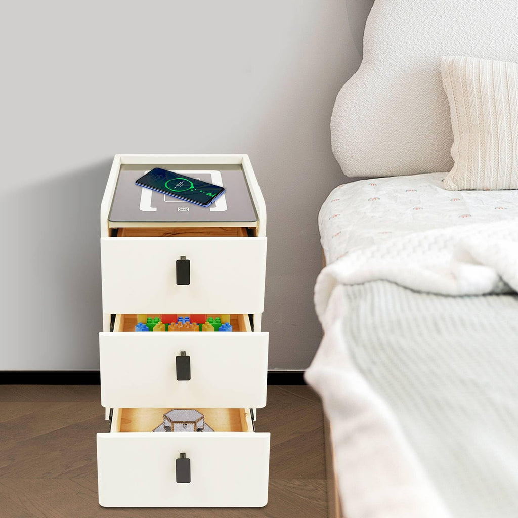White Smart Nightstand with Wireless Charging Station & Adjustable LED Lights, 3 Drawers K25935