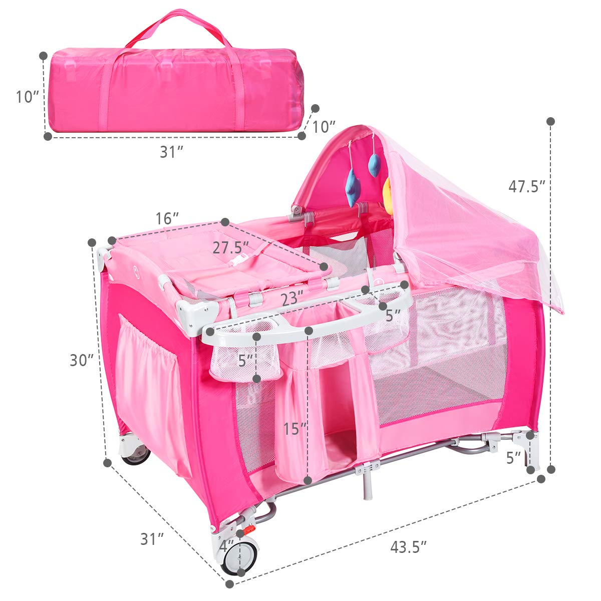 4 in 1 Pink Pack and Play with Bassinet M1842