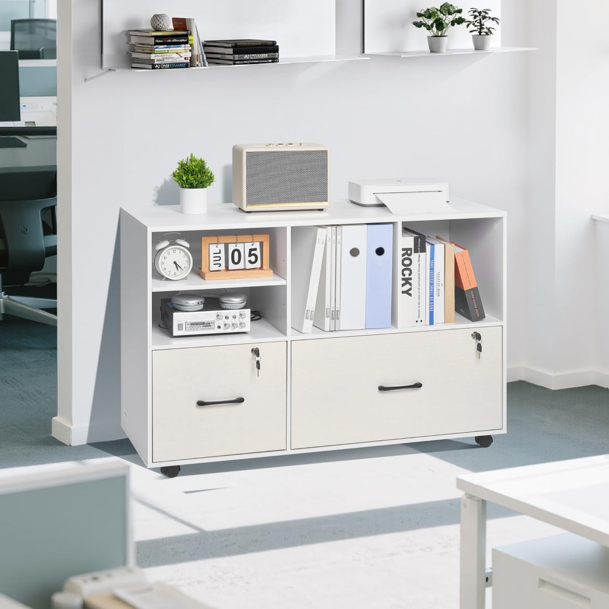 White 2 Drawer Wooden Lockable Mobile File Cabinet F989