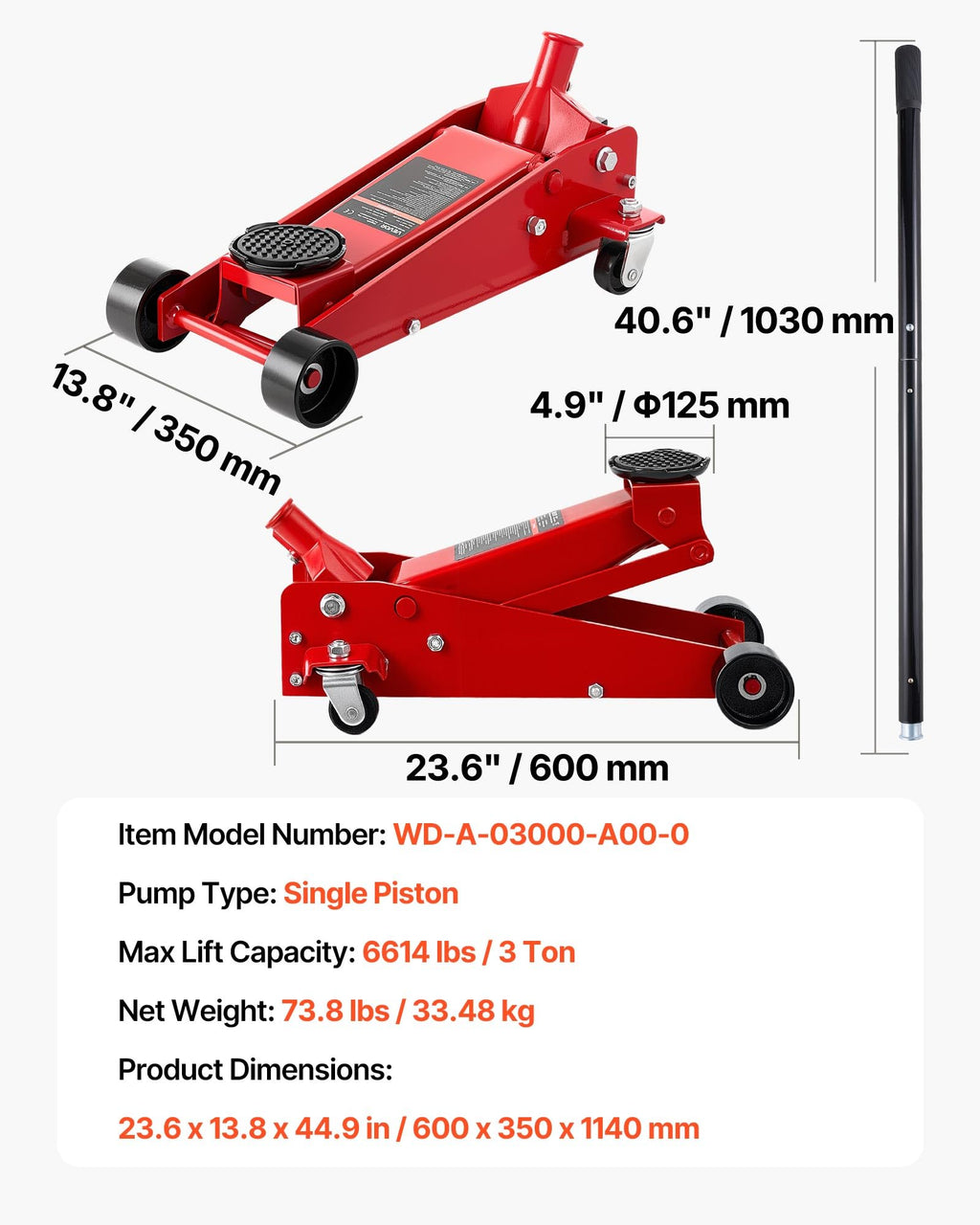 3 Ton Low Profile Steel Hydraulic Floor Jack W5316