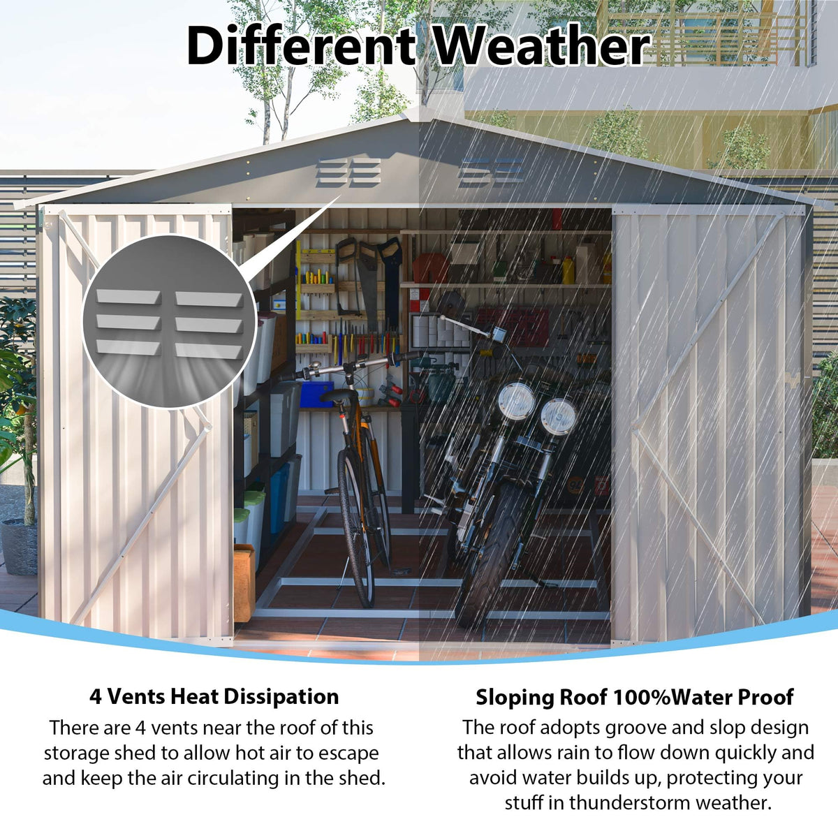 10x14 FT Waterproof Metal Storage Shed with 3 Lockable Doors D741