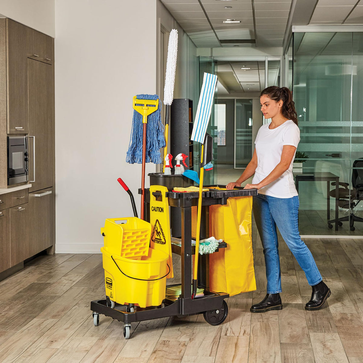3-Shelf Wheeled Cleaning Cart with Yellow Vinyl Bag X73846