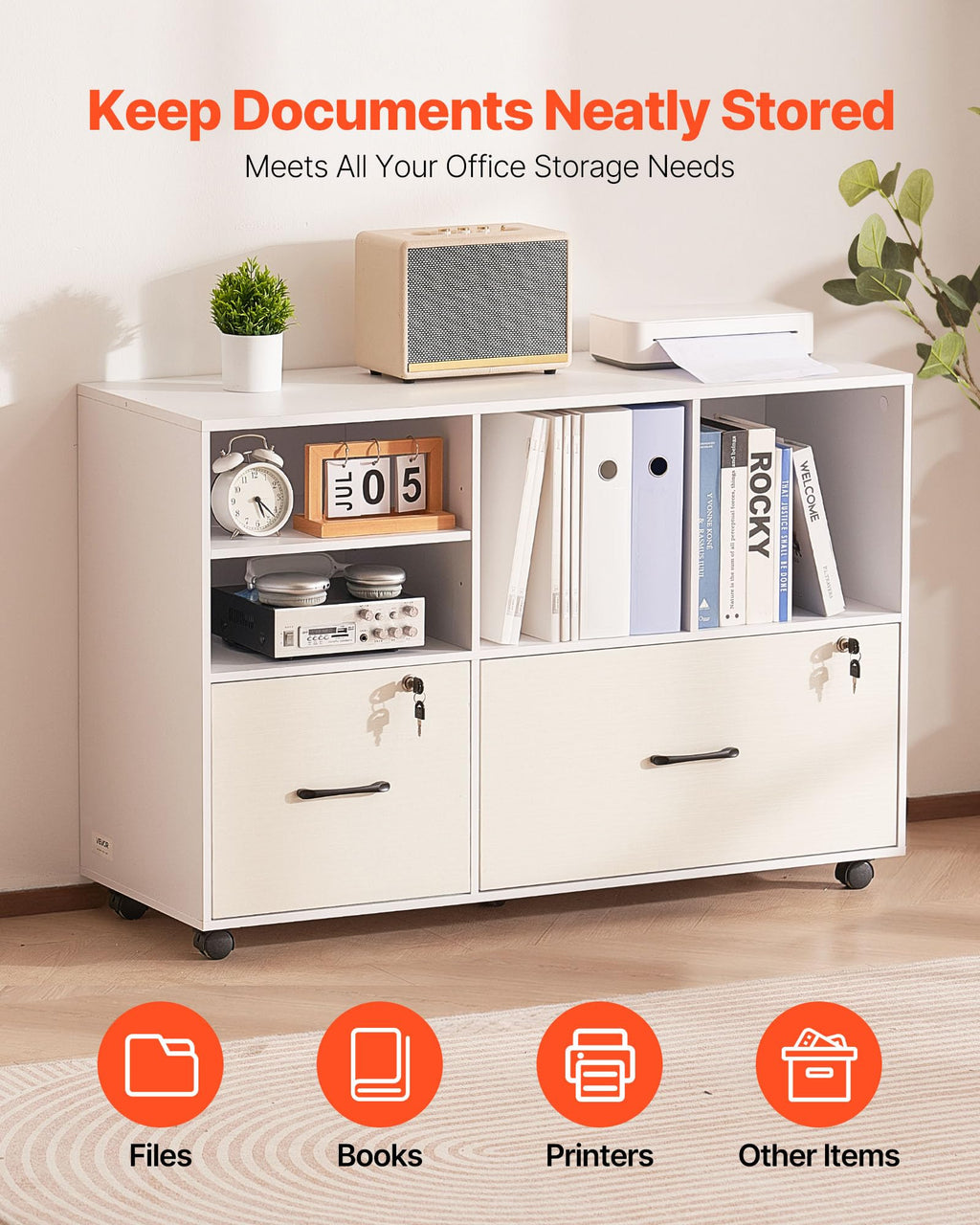 White 2 Drawer Wooden Lockable Mobile File Cabinet F989