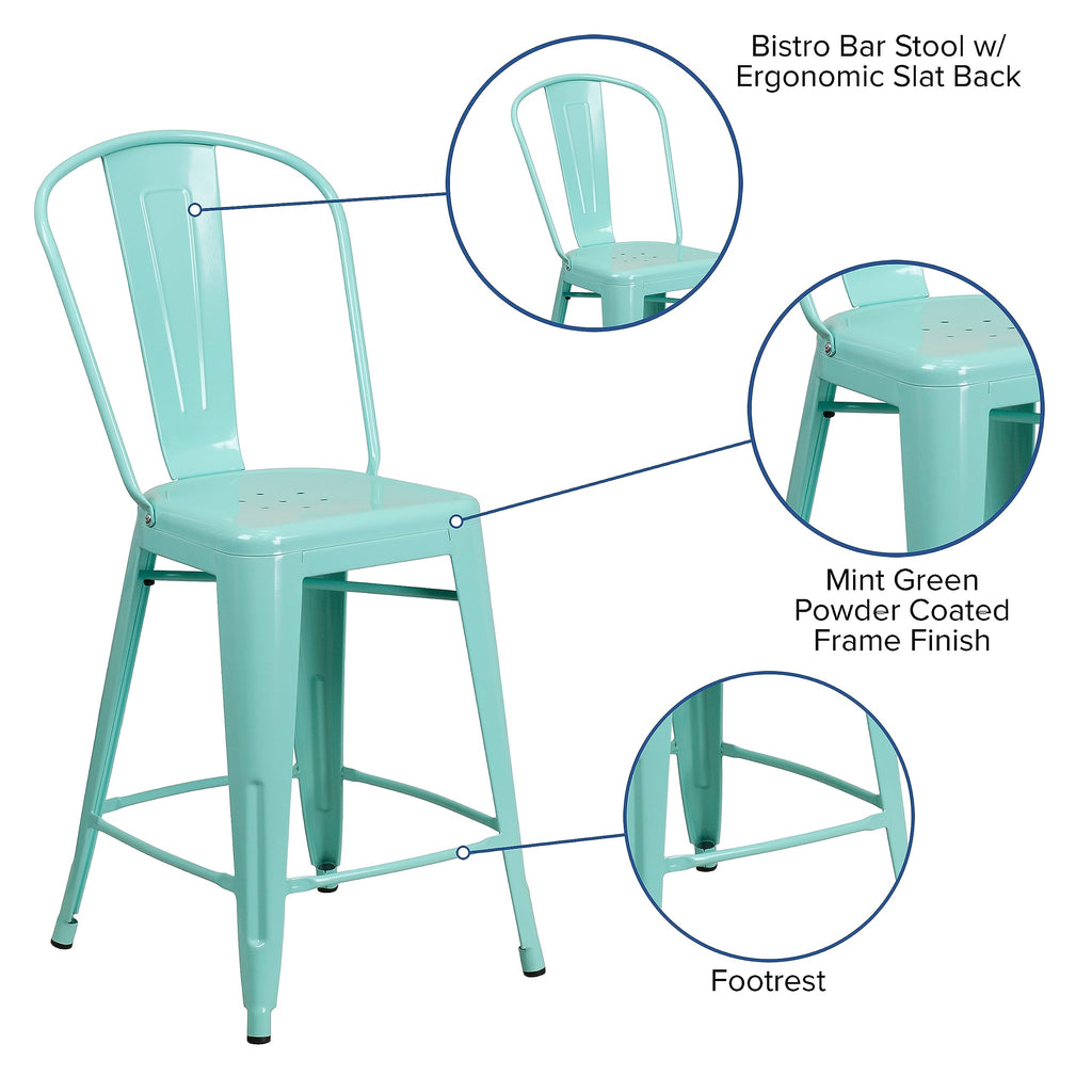 Mint Green Metal Counter Height Stool with Back Q3494