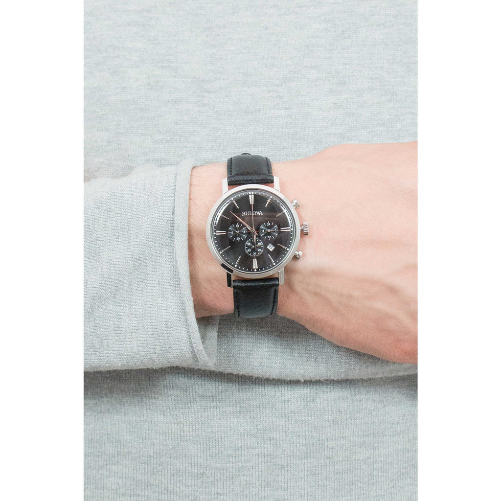 Men's Stainless Steel Chronograph Watch with Black Leather Strap O9746
