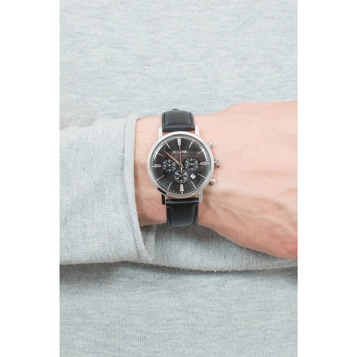 Men's Stainless Steel Chronograph Watch with Black Leather Strap O9746