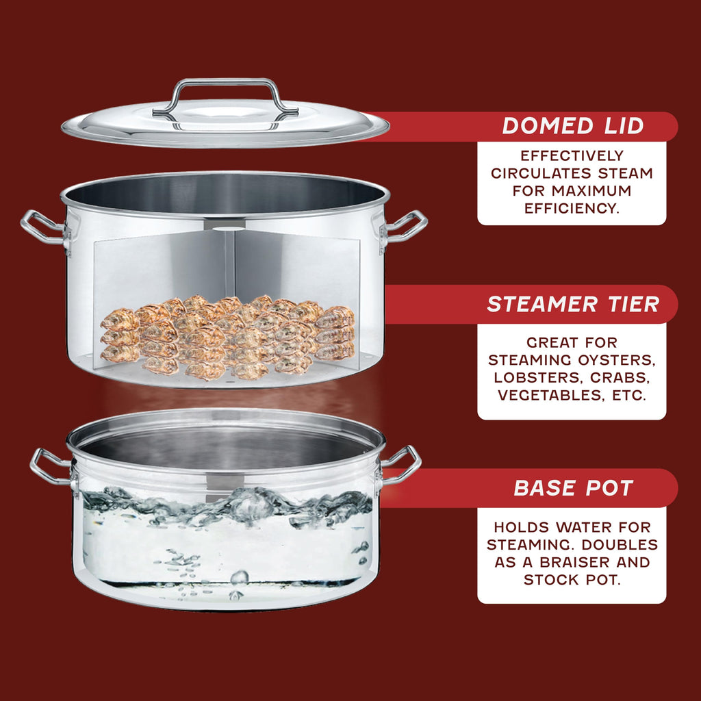 Extra Large Stainless Steel Stock Pot Steamer and Braiser Combo 40 QT Q93066