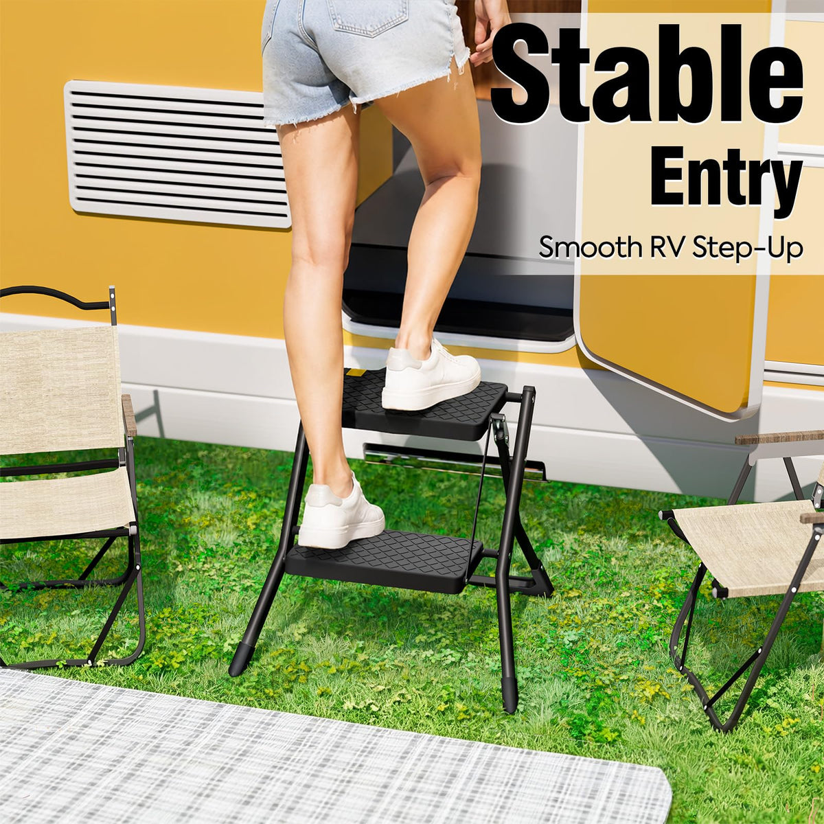 2 Step Folding Stool Ladder 330lb Cap Black H2675