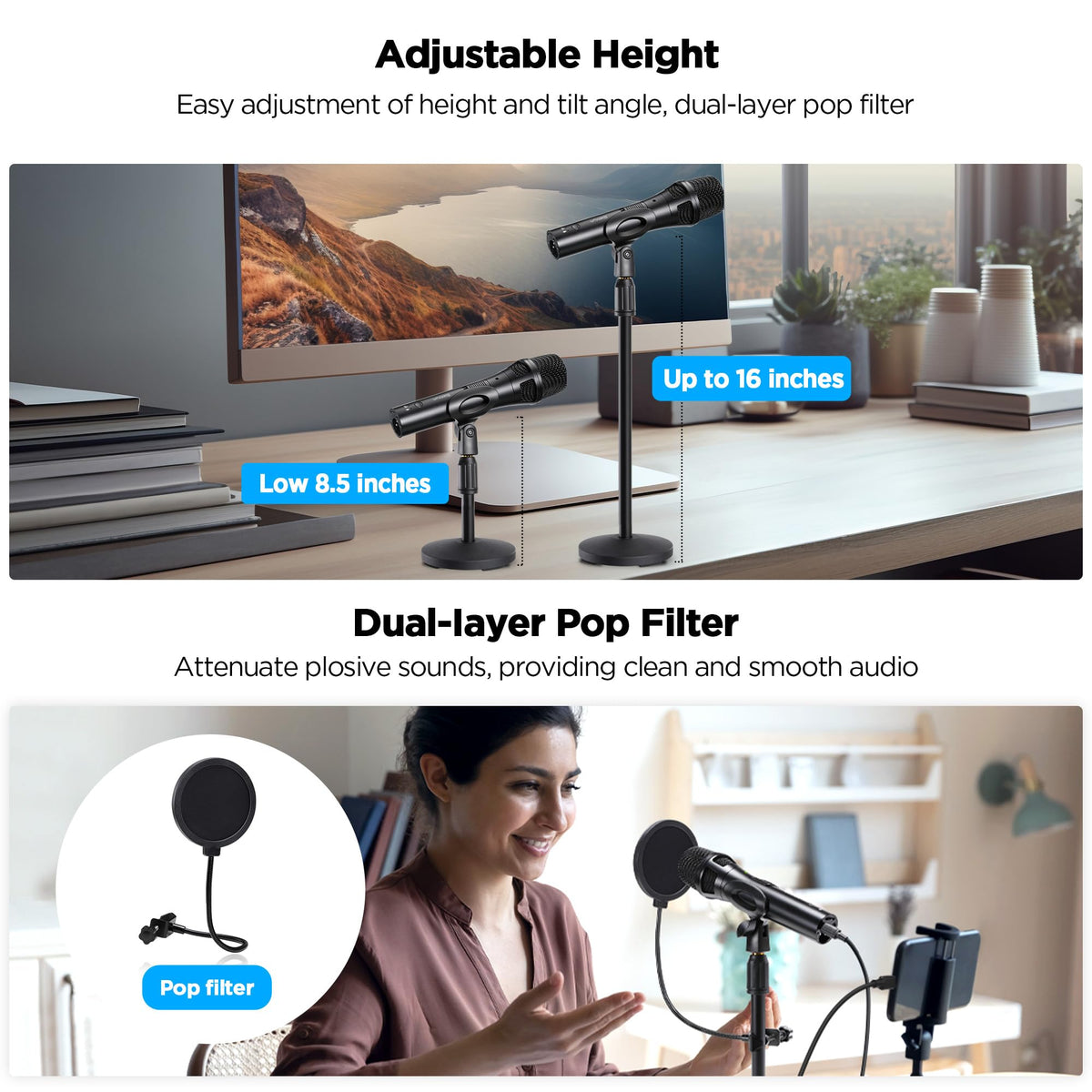 USB Dynamic Microphone with Desktop Stand, Pop Filter, Headphone Jack P66970
