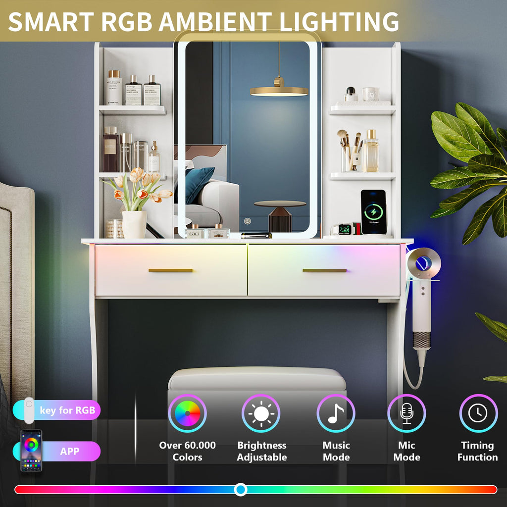 White Vanity Desk with LED Lights Mirror and Chair Q213