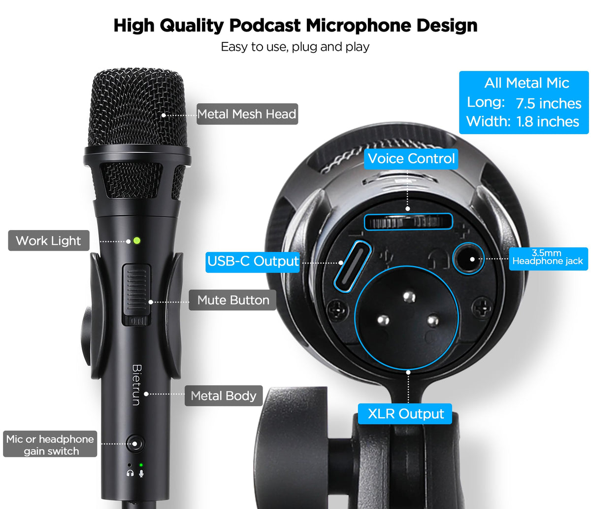 USB Dynamic Microphone with Desktop Stand, Pop Filter, Headphone Jack P66970