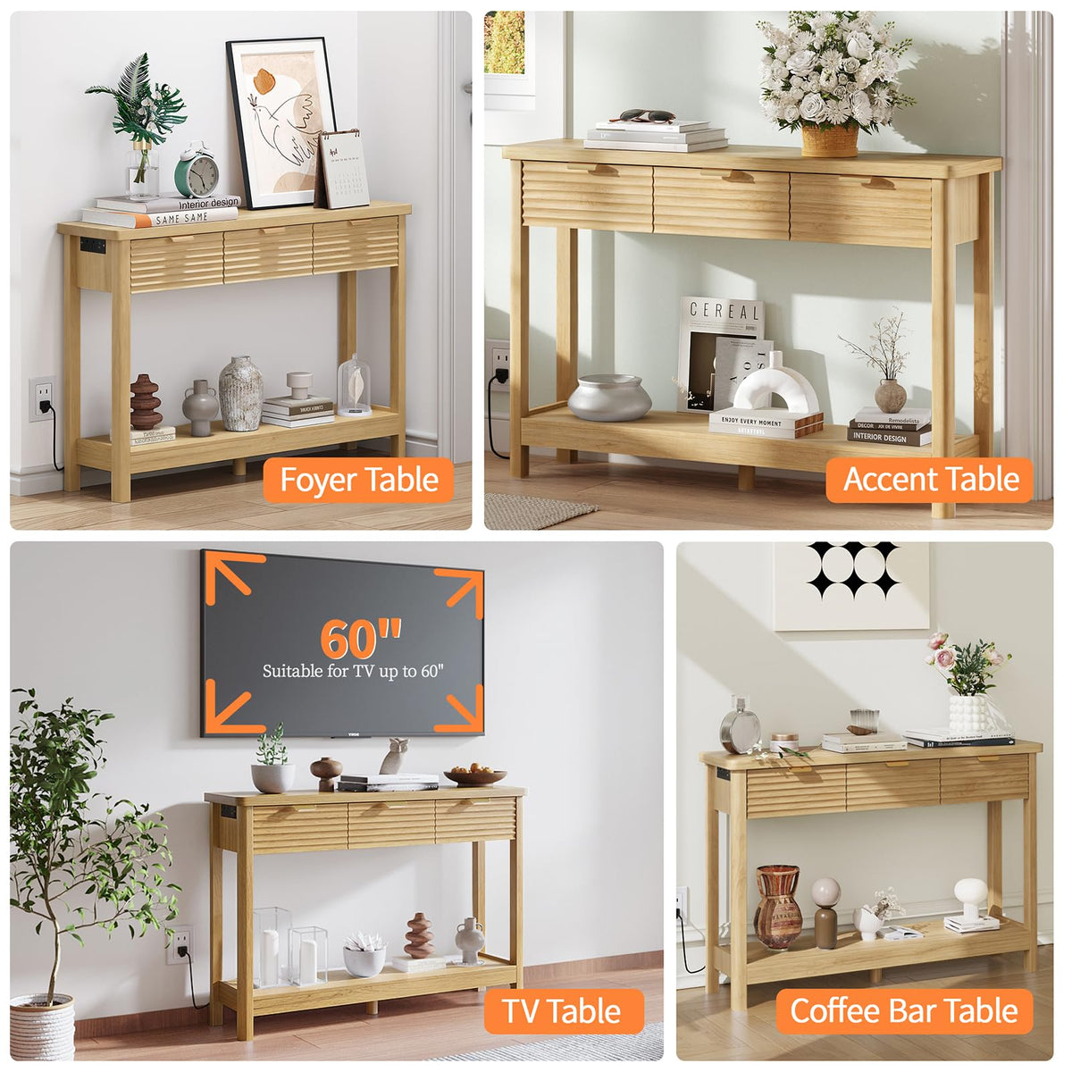 47.2" Narrow Console Table with 3 Drawers & Charging Station, Oak I890044