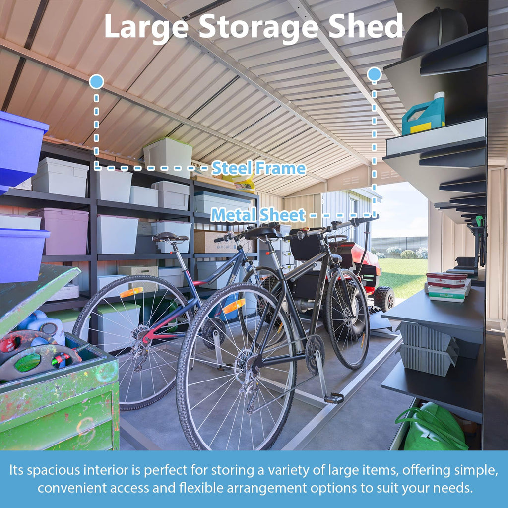10x14 FT Waterproof Metal Storage Shed with 3 Lockable Doors D741