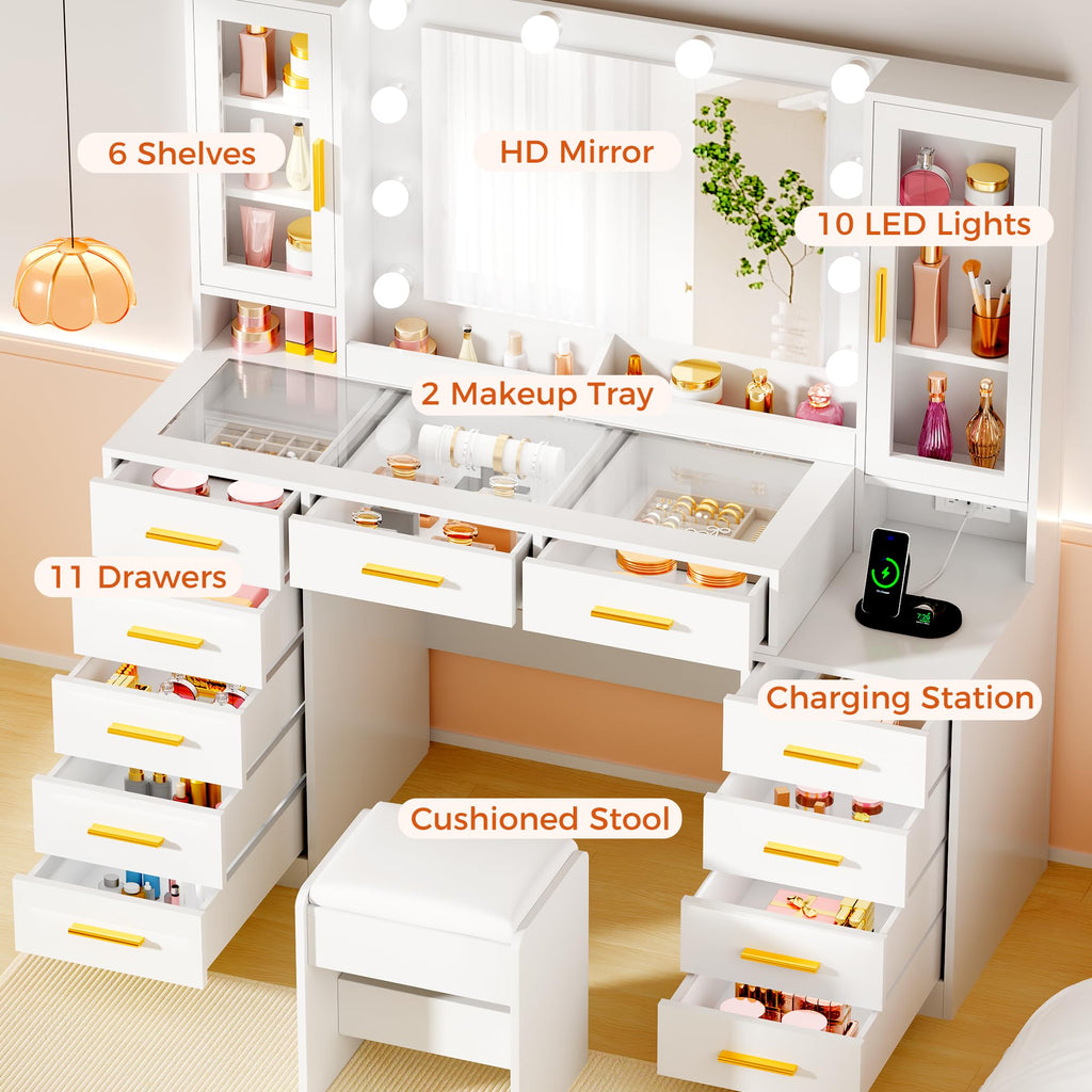 White Glass Top Vanity Desk with Mirror and Lights E537
