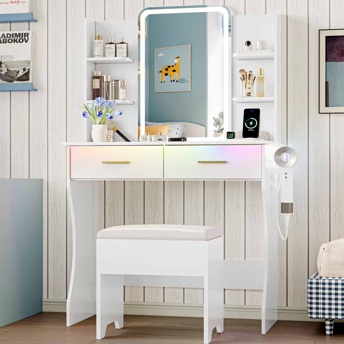 White Vanity Desk with LED Lights Mirror and Chair Q213