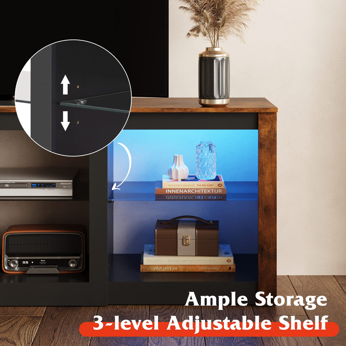 Rustic Brown 58-Inch TV Stand with Adjustable Glass Shelves T251