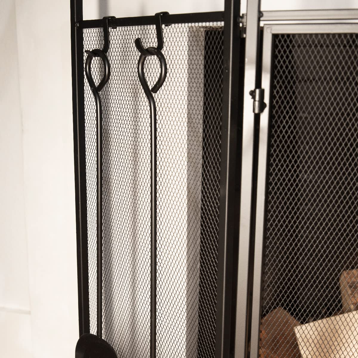 Black 3-Panel Folding Fireplace Screen with Magnetic Doors and 4-Piece Tools Set N69705