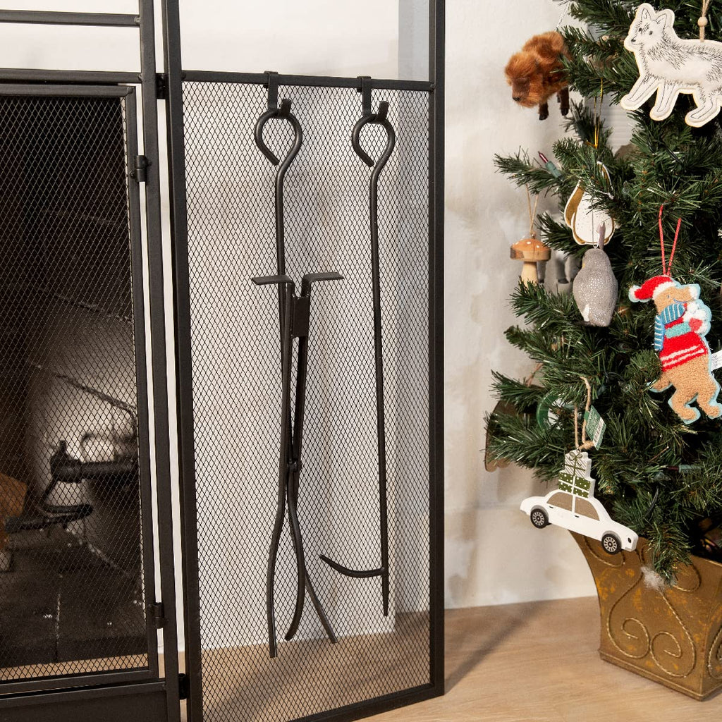 Black 3-Panel Folding Fireplace Screen with Magnetic Doors and 4-Piece Tools Set N69705