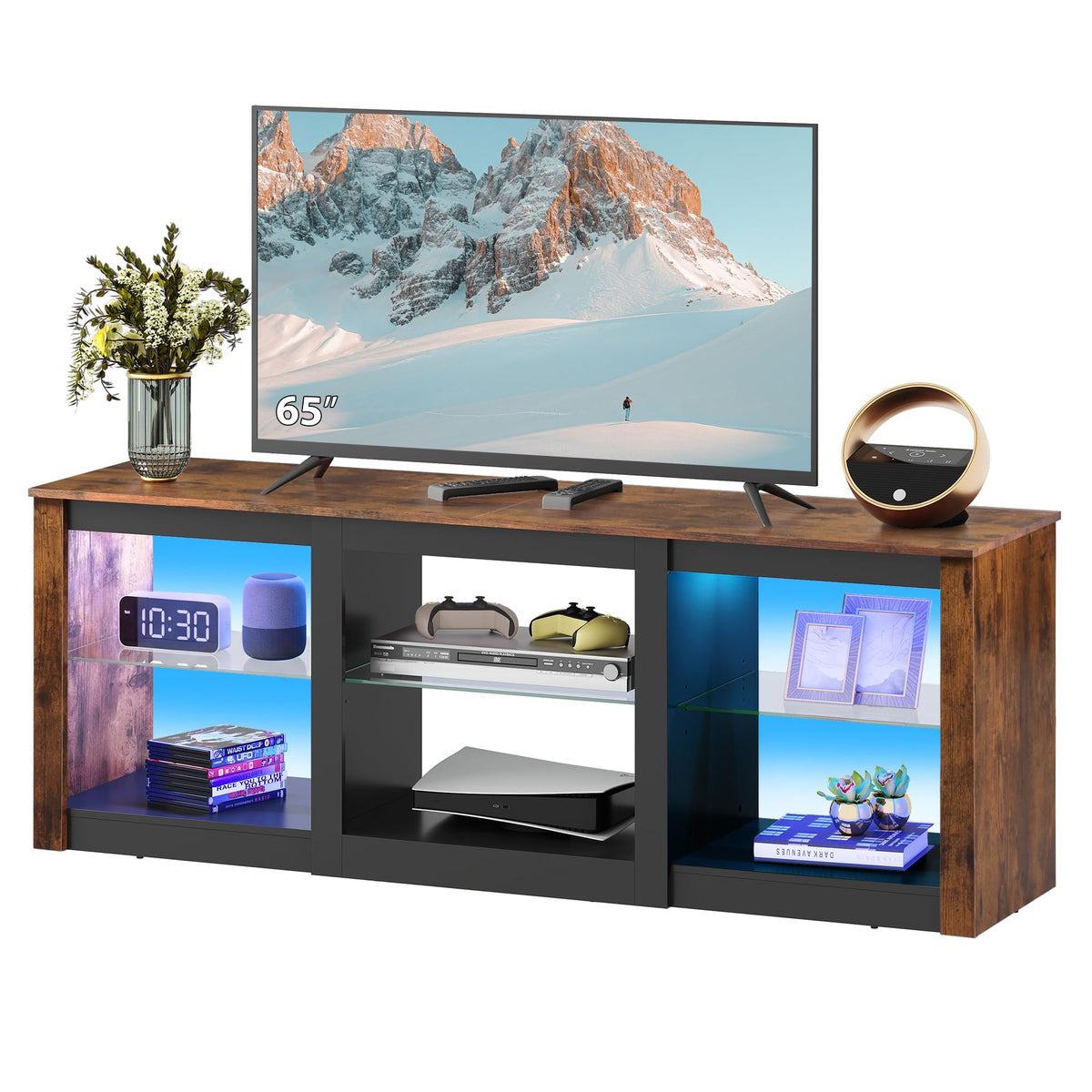 Rustic Brown 58-Inch TV Stand with Adjustable Glass Shelves T251