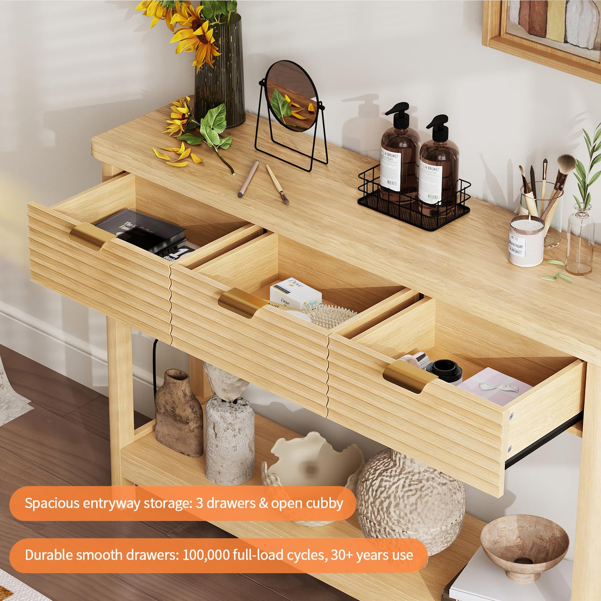 47.2" Narrow Console Table with 3 Drawers & Charging Station, Oak I890044