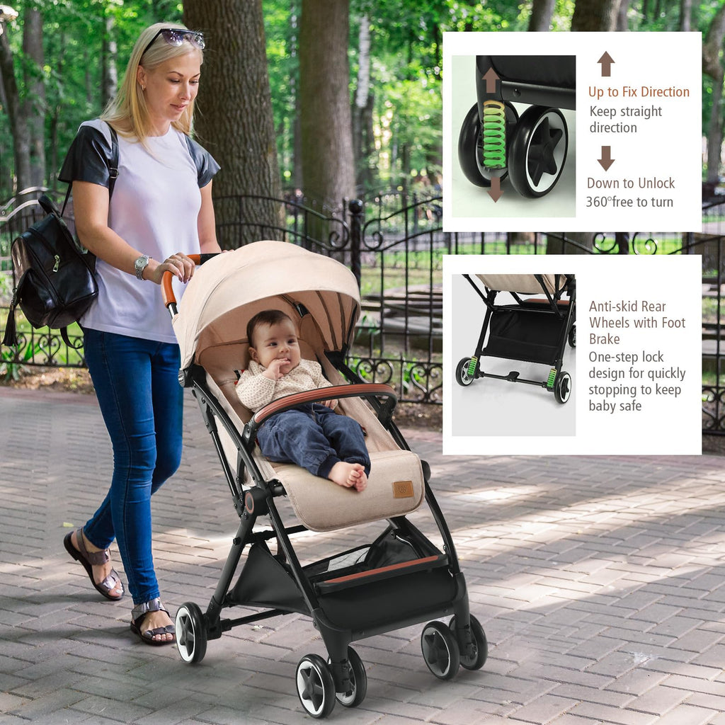 Lightweight Compact Baby Stroller with 5-Point Harness and Storage Basket, Beige R449