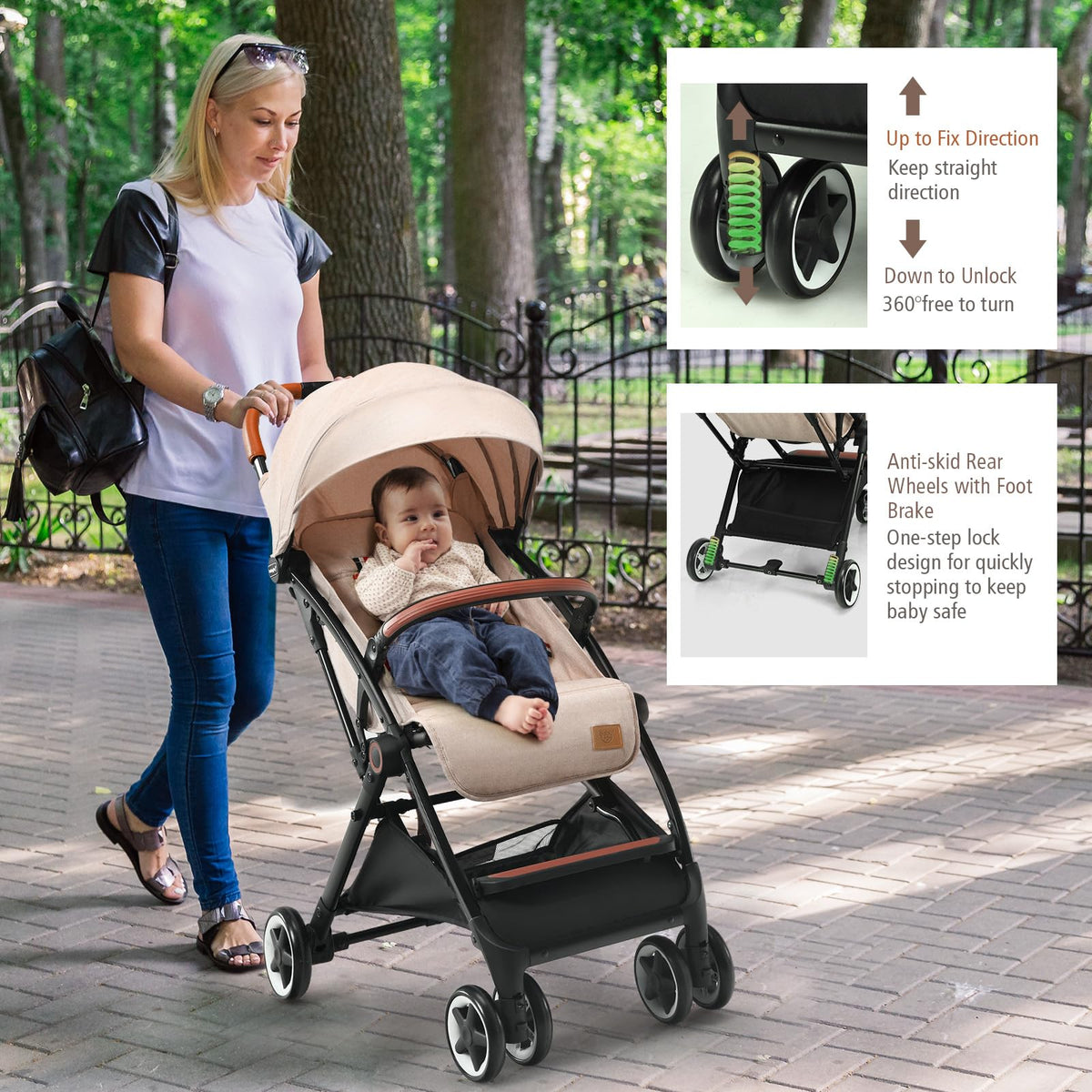 Lightweight Compact Baby Stroller with 5-Point Harness and Storage Basket, Beige R449