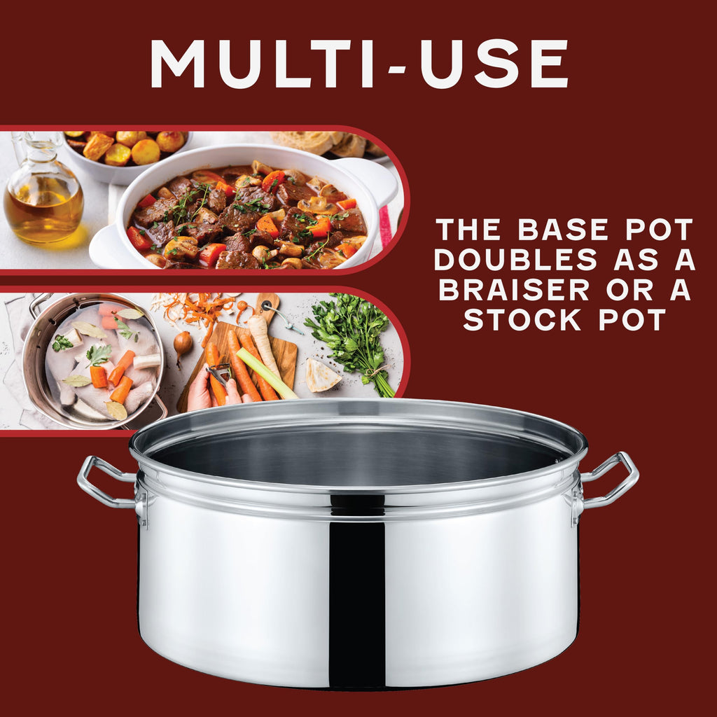 Extra Large Stainless Steel Stock Pot Steamer and Braiser Combo 40 QT Q93066