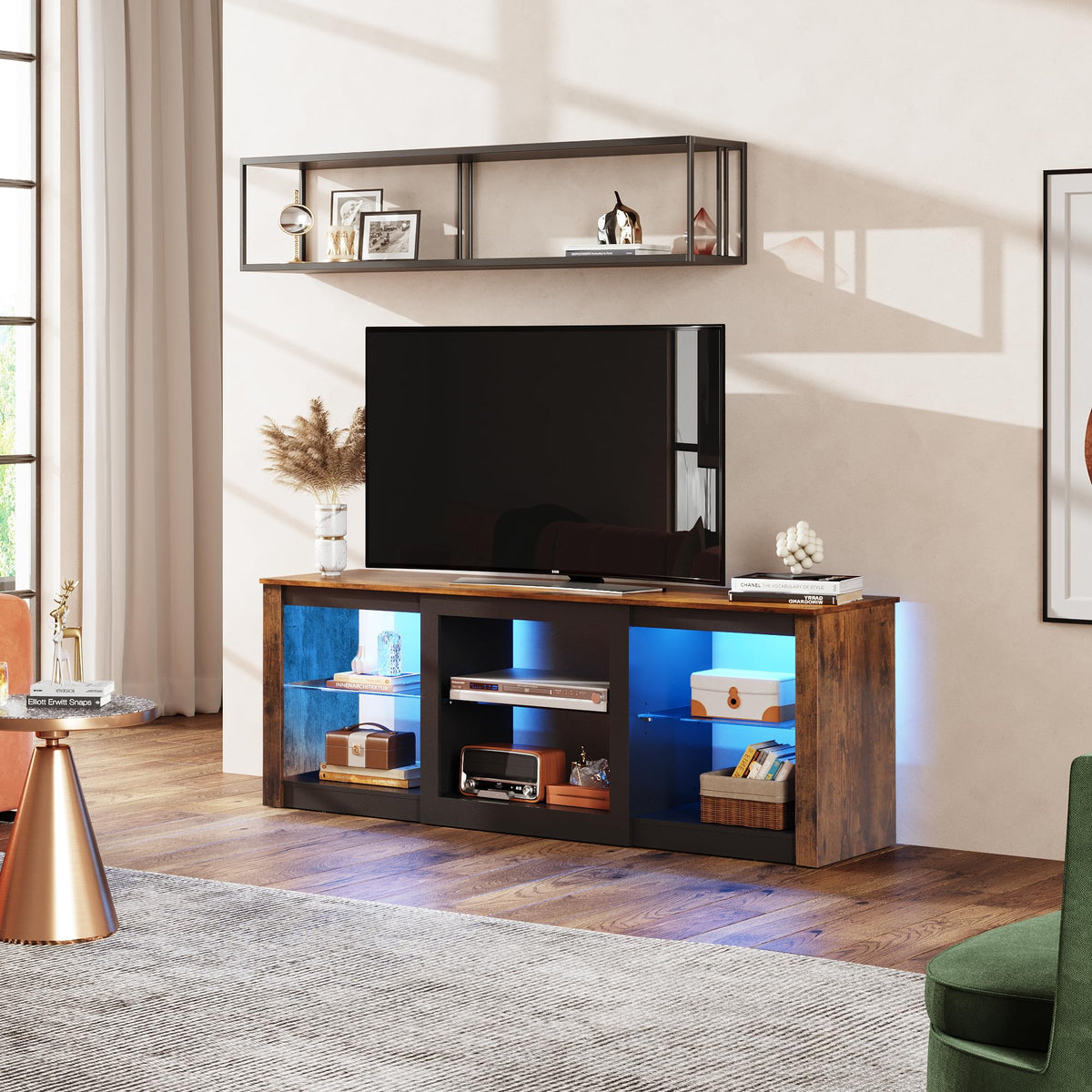 Rustic Brown 58-Inch TV Stand with Adjustable Glass Shelves T251