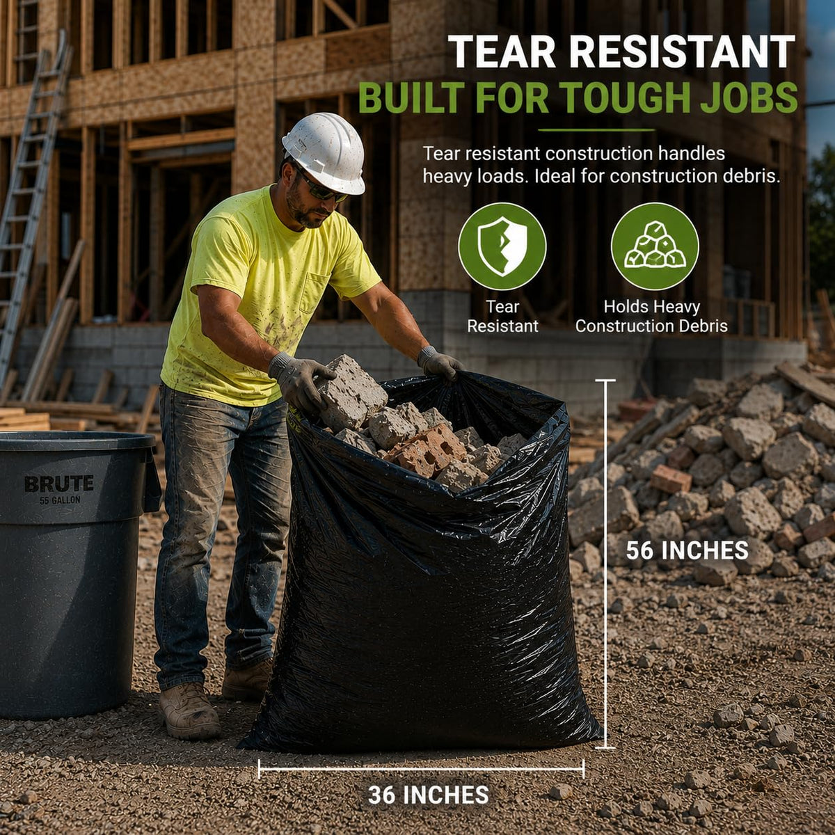 55 Gallon 2 Mil Black Heavy Duty Trash Bags, 20 Count U2331
