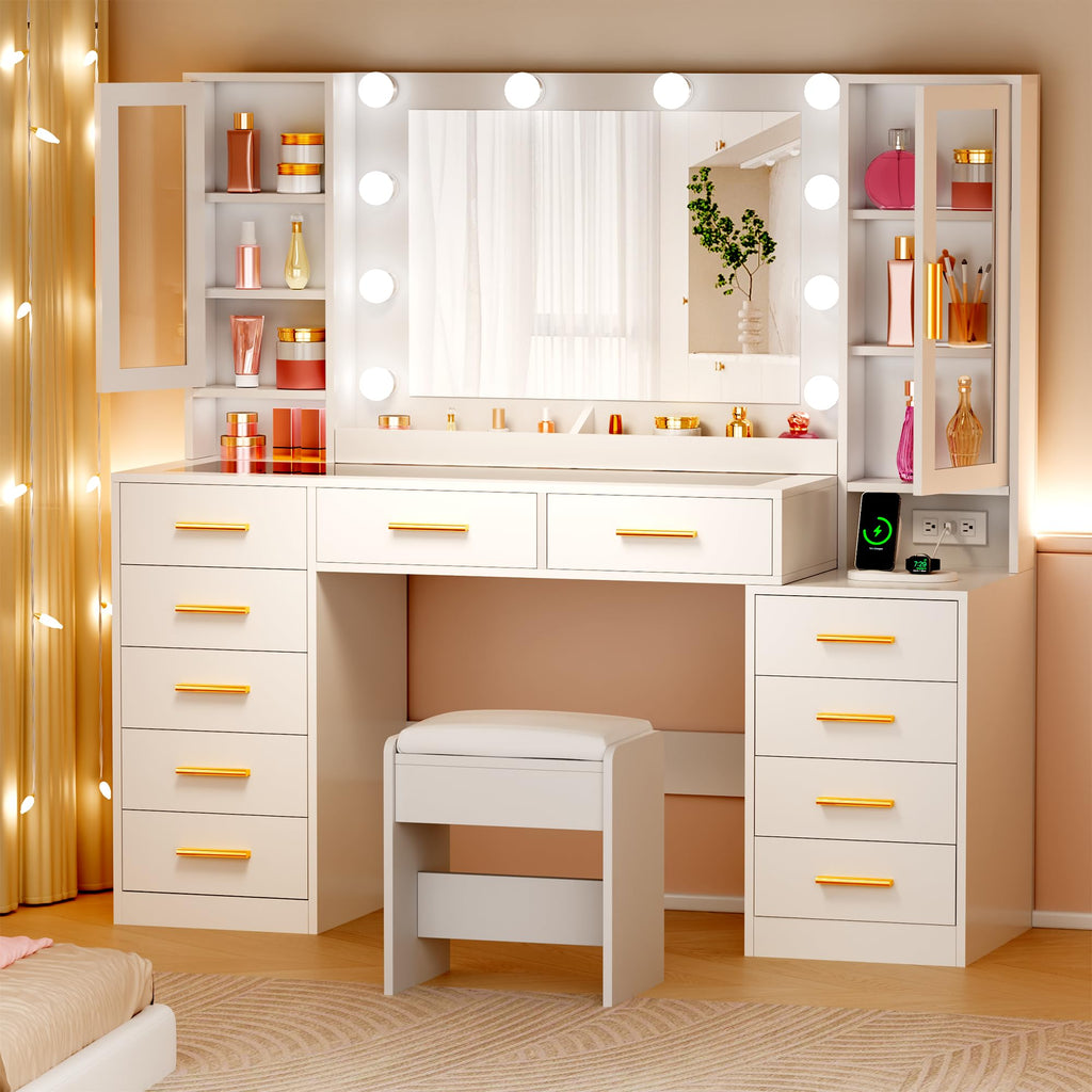 White Glass Top Vanity Desk with Mirror and Lights E537