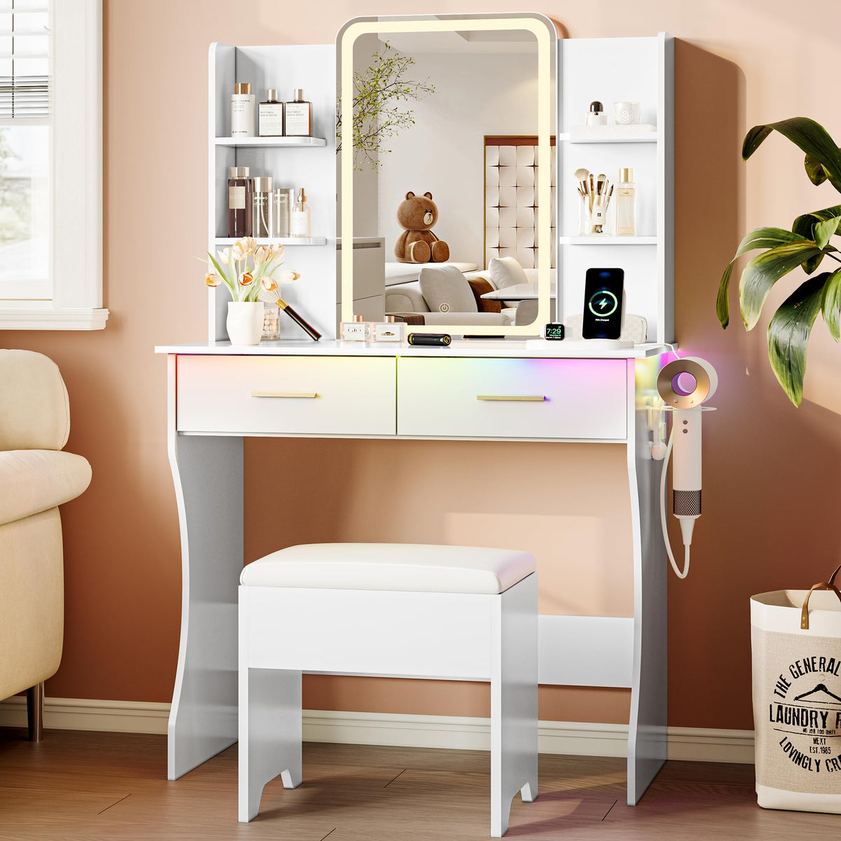 White Vanity Desk with LED Lights Mirror and Chair Q213