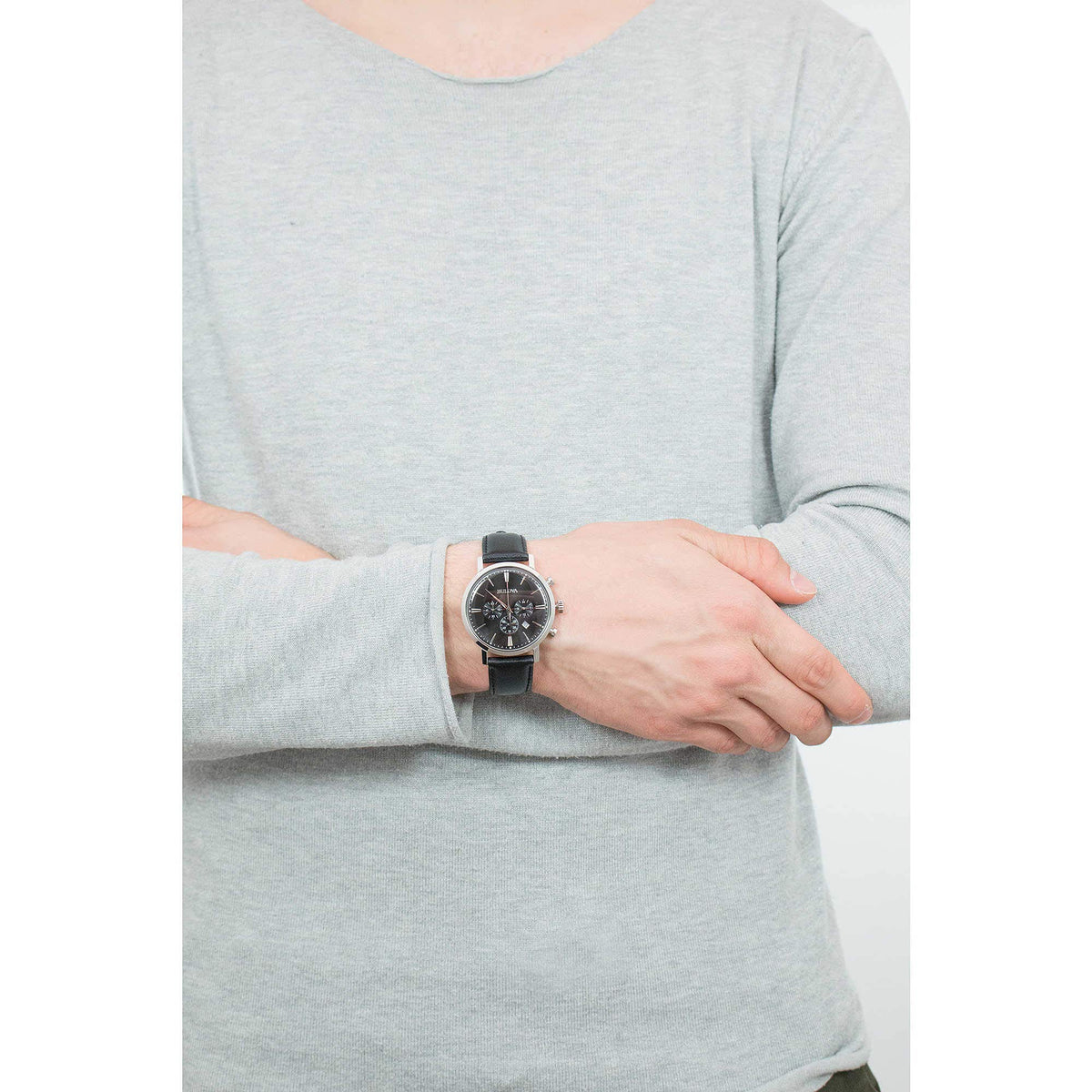 Men's Stainless Steel Chronograph Watch with Black Leather Strap O9746