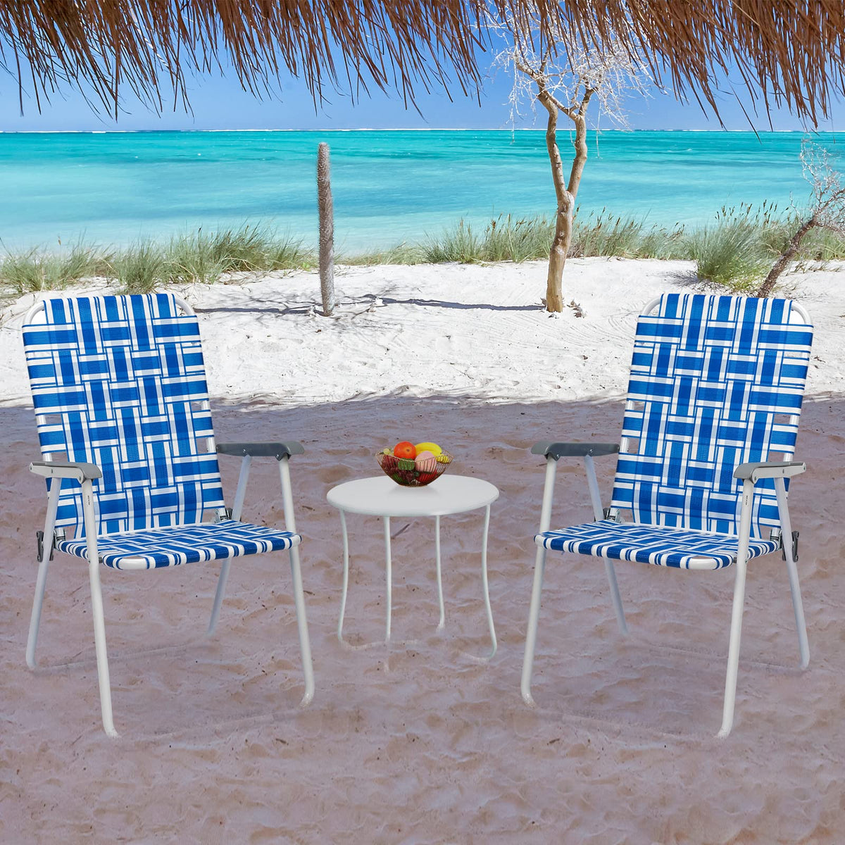 Folding Aluminum Webbed Lawn Chairs Set of 2 Blue & White Strip M777