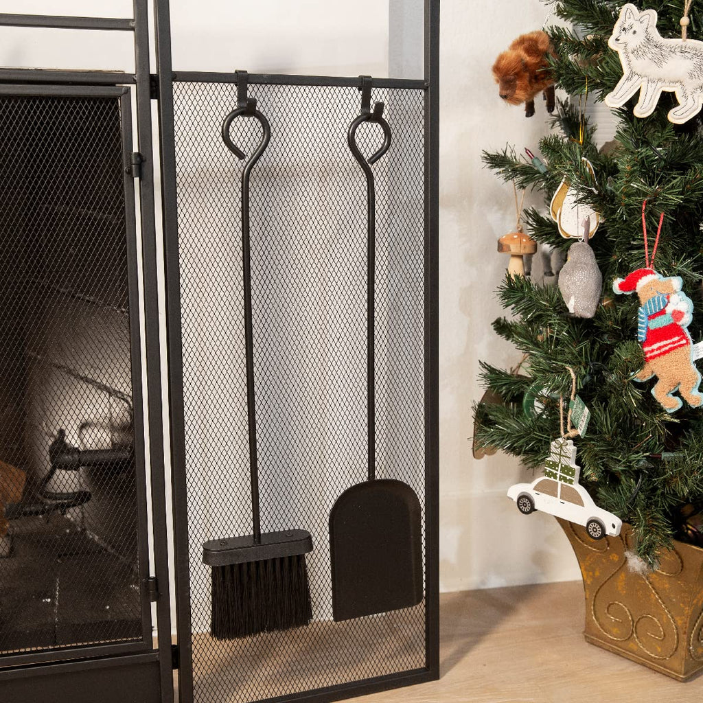 Black 3-Panel Folding Fireplace Screen with Magnetic Doors and 4-Piece Tools Set N69705