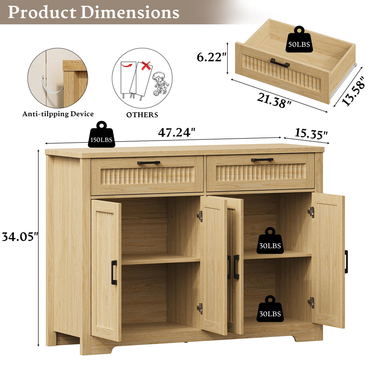 Fluted Buffet Sideboard Cabinet with Drawers L350470