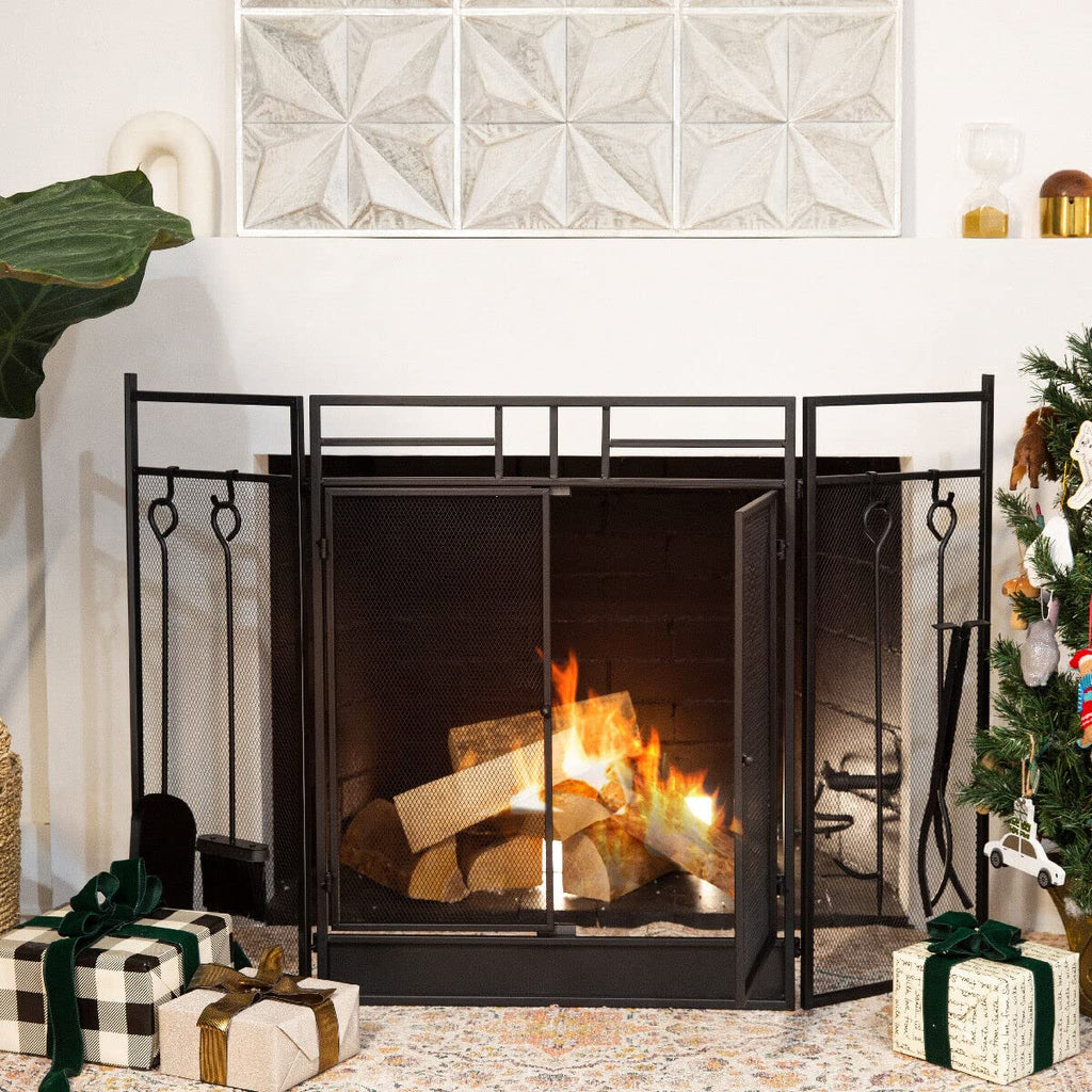 Black 3-Panel Folding Fireplace Screen with Magnetic Doors and 4-Piece Tools Set N69705